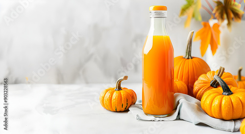 Delicious pumpkin juice in a glass bottle and pumpkins on a white table.