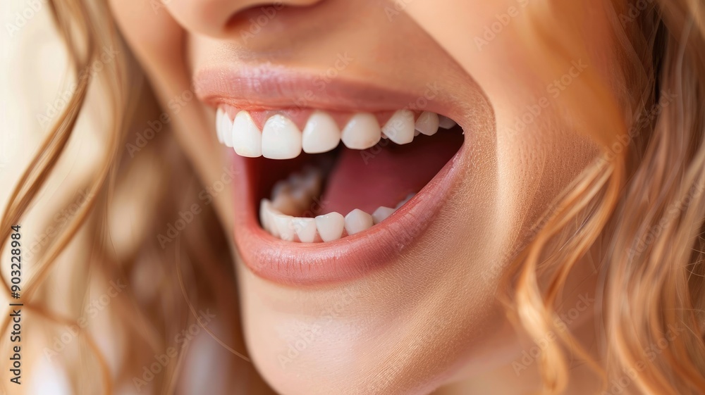Close-up of young woman smiling with straight white teeth Close-up of young woman smiling with straight white teeth