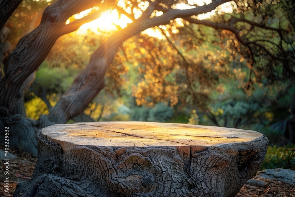 Tree trunk table in nature garden park with drooping branch. Tree trunk table in nature garden park with drooping branch.