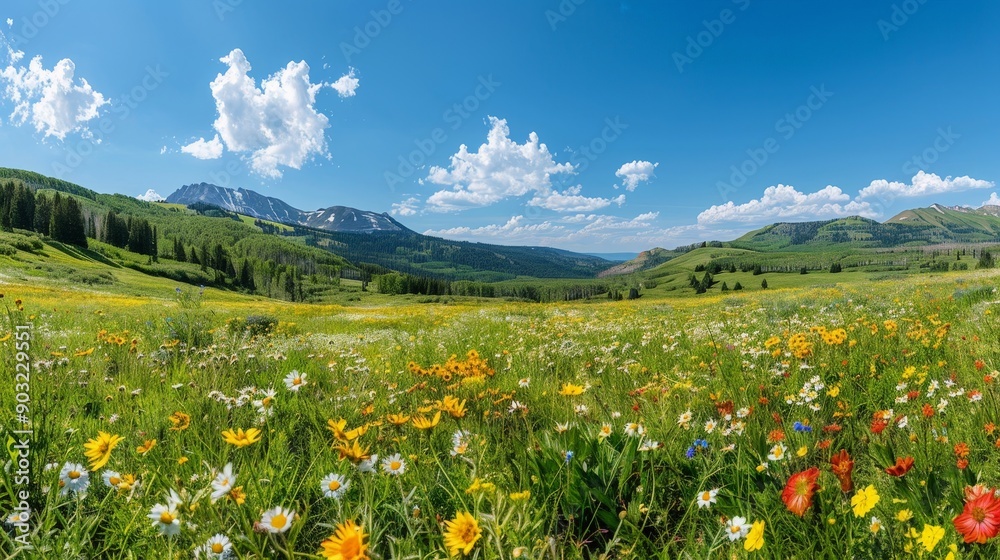 Tranquil mountain meadow with wildflowers and a clear blue sky, peaceful landscape Tranquil mountain meadow with wildflowers and a clear blue sky, peaceful landscape