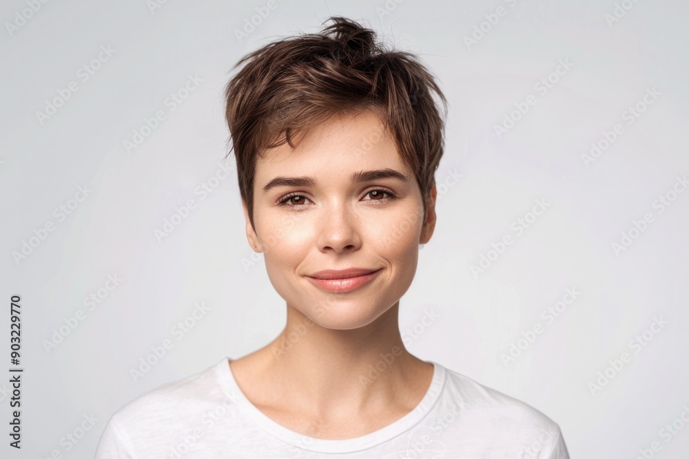 Haircut White Background. Skincare Concept with Confident Caucasian Woman in Headshot Portrait Haircut White Background. Skincare Concept with Confident Caucasian Woman in Headshot Portrait