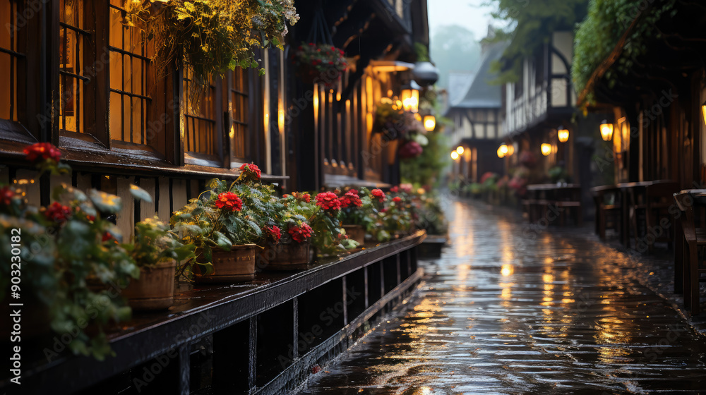 Fototapeta premium traditional pub on a rainy street of an English city, architecture, house, windows, building, England, Great Britain, Scotland, bar, hotel, lights, evening, night, paving stones, European town, puddle