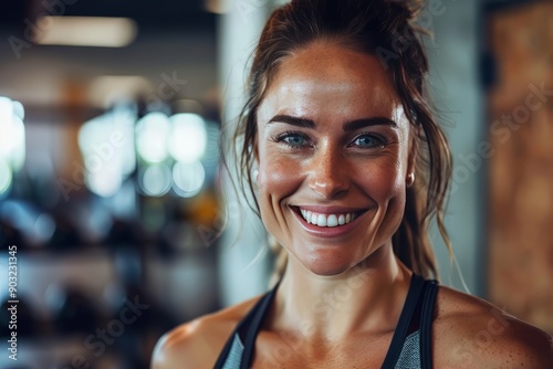 A fit muscular female personal trainer smiling at the camera in a gym, close up