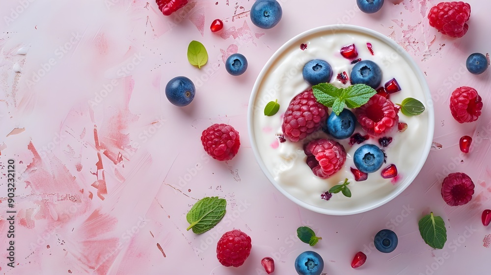 Yogurt with Berries and Mint on Pink Background.
