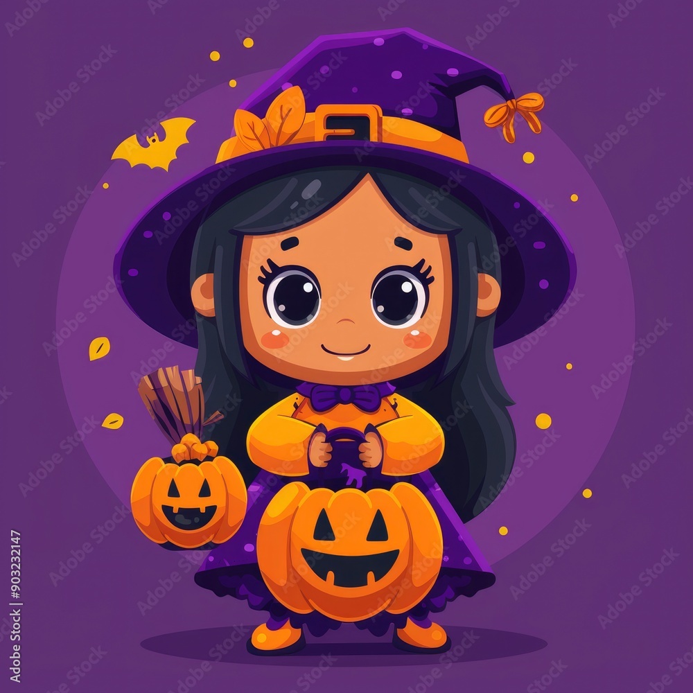 Cute Little Witch with Jack-o'-lantern for Halloween Cute Little Witch with Jack-o'-lantern for Halloween