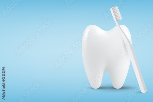 Dental Banner, Poster. Vector 3d Realistic Toothbrush with Tooth Icon Closeup on Blue Background. Medical Dentist Design Template. Dental Health Concept