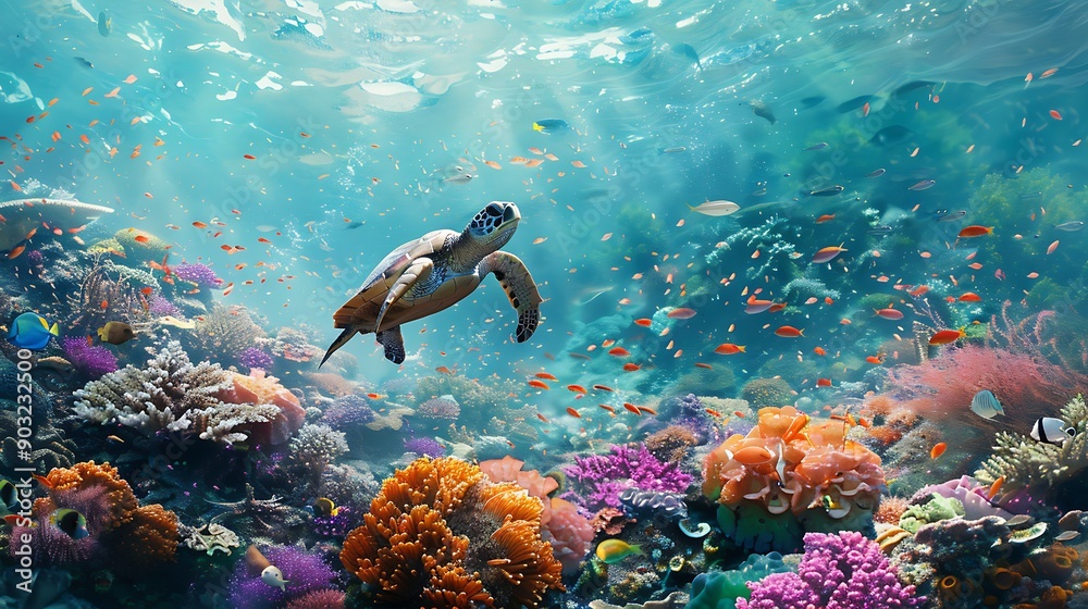A majestic sea turtle gracefully swims through a vibrant coral reef teeming with colorful fish and marine life, capturing the beauty of underwater ecosystems. A majestic sea turtle gracefully swims through a vibrant coral reef teeming with colorful fish and marine life, capturing the beauty of underwater ecosystems.