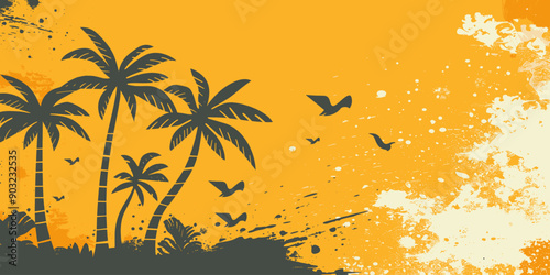 Palm trees on bright orange background with flying birds, tropical beach sunset illustration, vibrant summer vacation, ideal for posters, backgrounds, digital prints, bringing a warm exotic island 