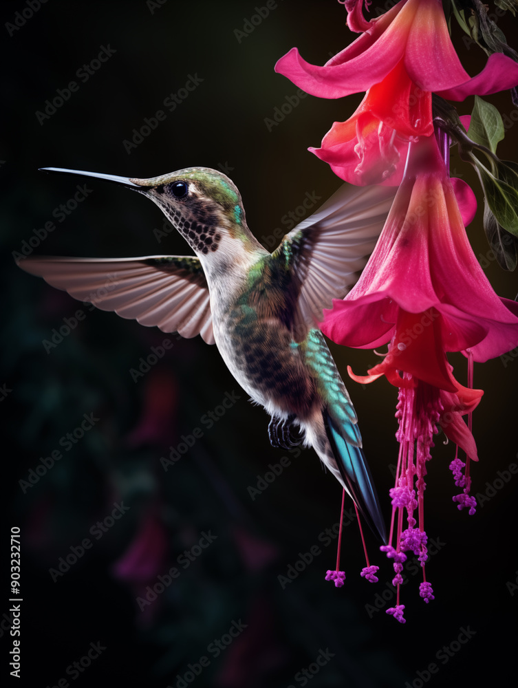 Fototapeta premium Elegant Hummingbird Hovering by Striking Pink Flowers with a Mystical Dark Background