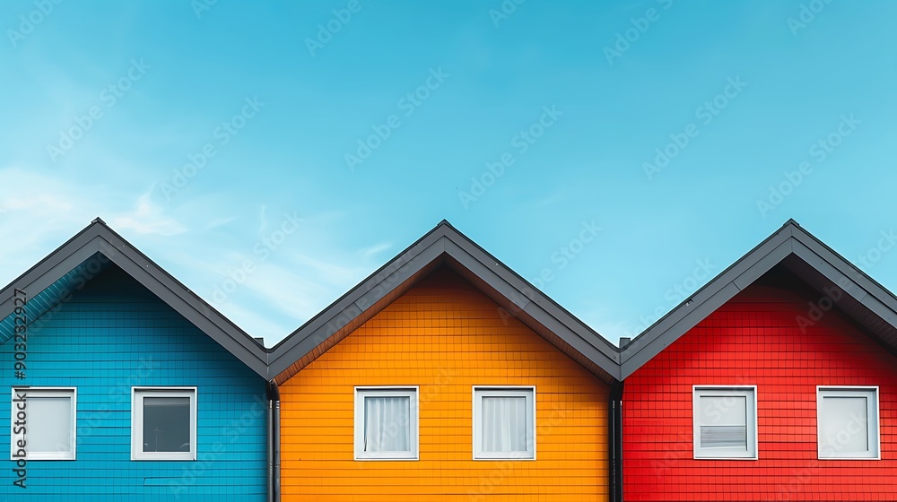 A vibrant row of colorful houses under a clear blue sky, showcasing modern architectural design and community living. 