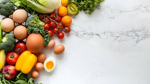 Arrangement of fruits, vegetables, and eggs on white table