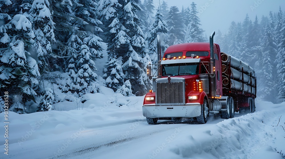 A large red truck transporting logs navigates a snowy forest road during a winter storm, creating a serene yet powerful scene. A large red truck transporting logs navigates a snowy forest road during a winter storm, creating a serene yet powerful scene.