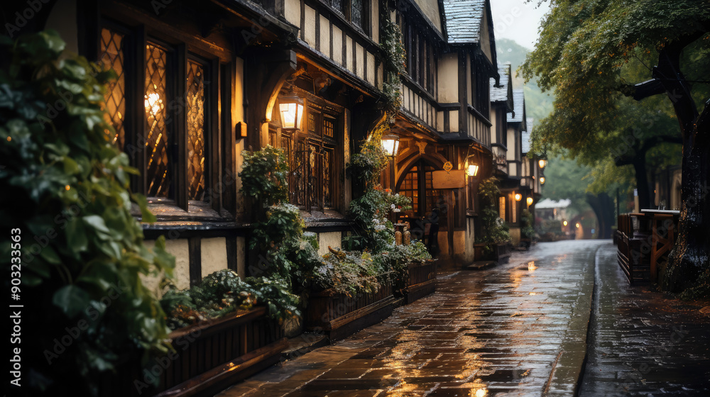 Fototapeta premium traditional pub on a rainy street of an English city, architecture, house, windows, building, England, Great Britain, Scotland, bar, hotel, lights, evening, night, paving stones, European town, puddle