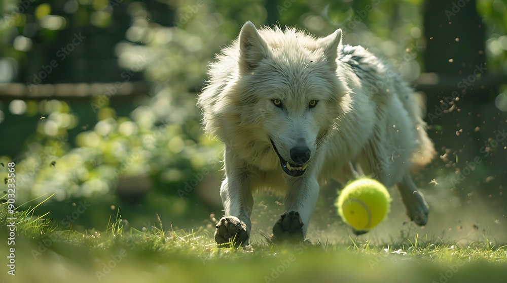 Obraz premium A close-up of a white wolf sprinting towards a bright yellow tennis ball in a lush, sunlit environment, showcasing the dynamic movement of the animal. 