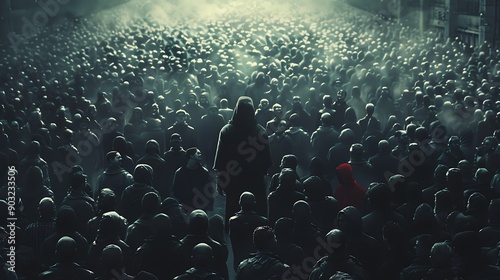 A mysterious figure stands out in a sea of indistinguishable silhouettes, creating an atmosphere of intrigue and anonymity 