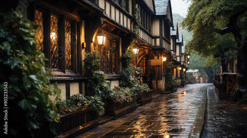 traditional pub on a rainy street of an English city, architecture, house, windows, building, England, Great Britain, Scotland, bar, hotel, lights, evening, night, paving stones, European town, puddle