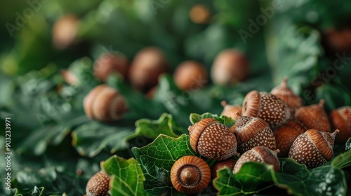 The image provides a meticulously detailed view of acorns nestled among oak tree leaves, highlighting the natural texture and organic beauty that represent autumn and nature's cycle. photo