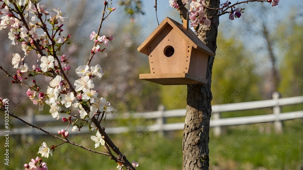 A birdhouse hangs on a flowering branch A bird near a birdhouse
A birdhouse hangs on a flowering branch A bird near a birdhouse