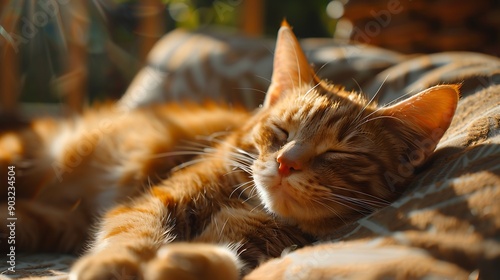 A relaxed orange tabby cat peacefully snoozes in a sunlit outdoor setting.  photo