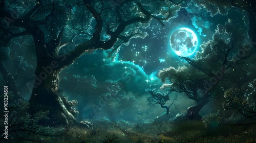 Enchanted nighttime forest landscape with celestial beings