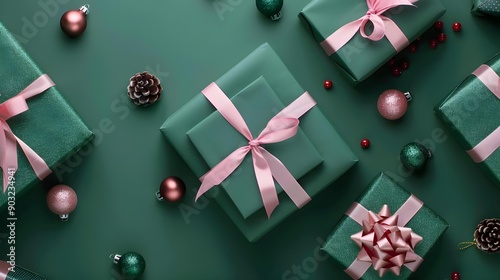Green and pink Christmas gifts on green background