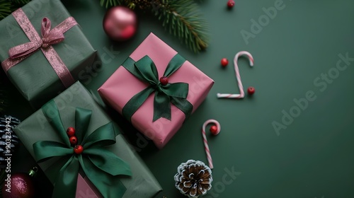 Green and pink Christmas gifts on green background