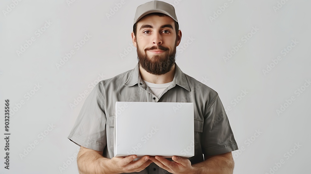 A smiling delivery man in uniform holding a sealed package in front of a plain backdrop, conveying professionalism and reliability in logistics and shipping. A smiling delivery man in uniform holding a sealed package in front of a plain backdrop, conveying professionalism and reliability in logistics and shipping.