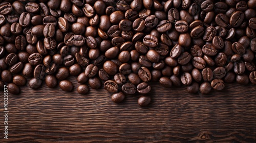 A rich image of an abundance of roasted coffee beans spread out on a wooden surface, emphasizing their texture, inviting aroma, and earthy warmth, appealing to coffee lovers.