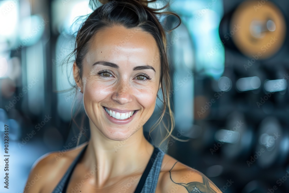 A fit muscular female personal trainer smiling at the camera in a gym, close up A fit muscular female personal trainer smiling at the camera in a gym, close up