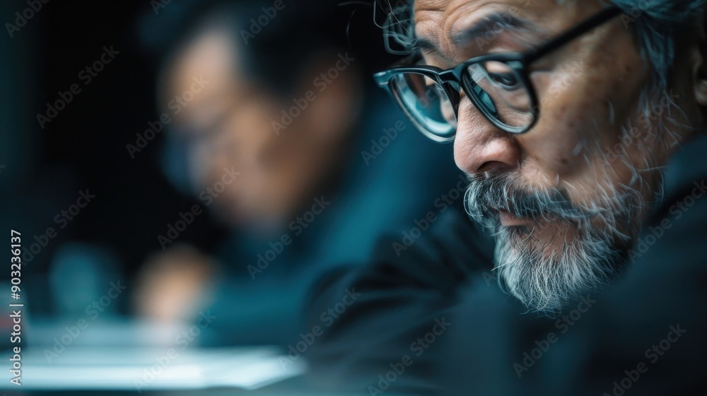 A professional meeting setting with individuals in the background, the foreground shows a man wearing glasses writing on a notepad, implying focused work. A professional meeting setting with individuals in the background, the foreground shows a man wearing glasses writing on a notepad, implying focused work.