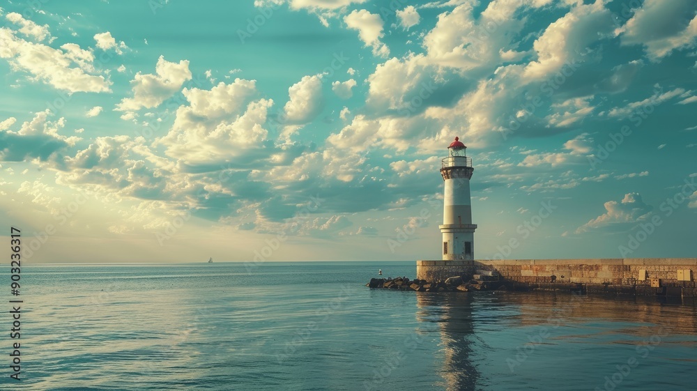 Scenic lighthouse by sea with cloudy sky and sunlight rays