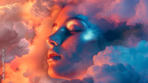 Surreal imagery combining a serene female face