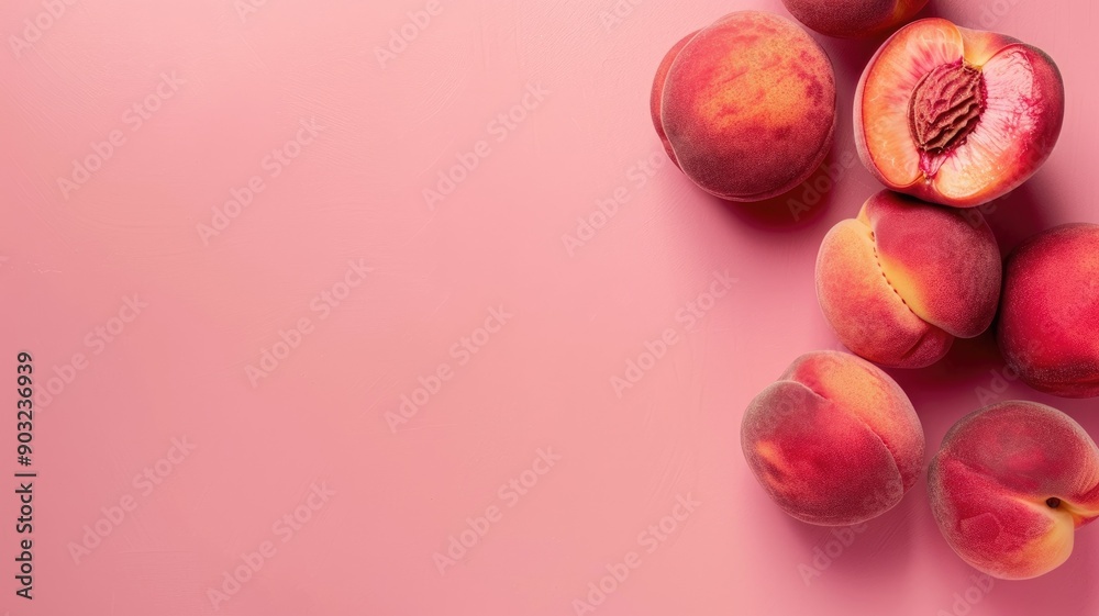 Fresh ripe peaches on pink background, some whole, cut open Fresh ripe peaches on pink background, some whole, cut open