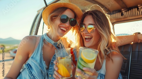 Two attractive cheerful women drinking lemonade