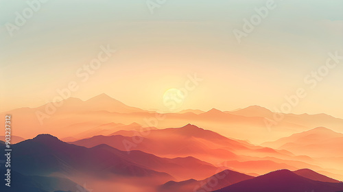 serene mountainous landscape during dawn, warm tones of orange and pink, ideal for travel and nature enthusiasts, versatile for wall art, copy space for inspirational quotes, evokes tranquility