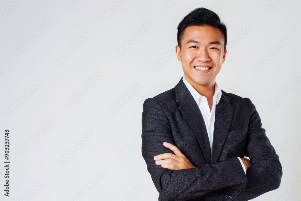 Photo of an Asian businessman standing with his arms crossed and smiling on a white background Photo of an Asian businessman standing with his arms crossed and smiling on a white background