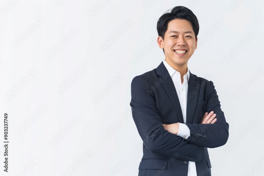 Photo of an Asian businessman standing with his arms crossed and smiling on a white background Photo of an Asian businessman standing with his arms crossed and smiling on a white background