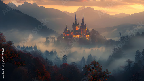 mystical autumn landscape, medieval-inspired architecture, glowing castle, serene foggy mountains, rich warm color palette, enchanting mood, ideal for fantasy themes, marketing materials,...