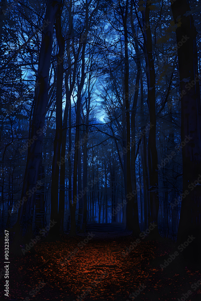 Fototapeta premium spooky forest, dark woods, nighttime mystery, eerie atmosphere, nature exploration, emotional journey, outdoor adventure, tranquil solitude, adventure seekers, ghost stories, twilight ambiance,...