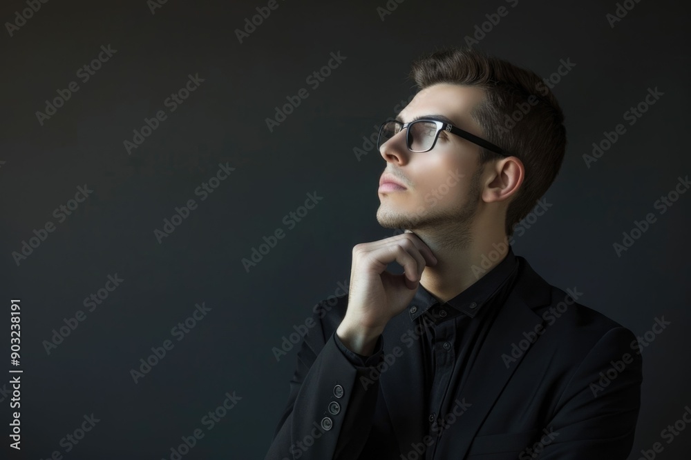 Obraz premium Young handsome man in black suit and glasses looking at copy space thinking or dreaming