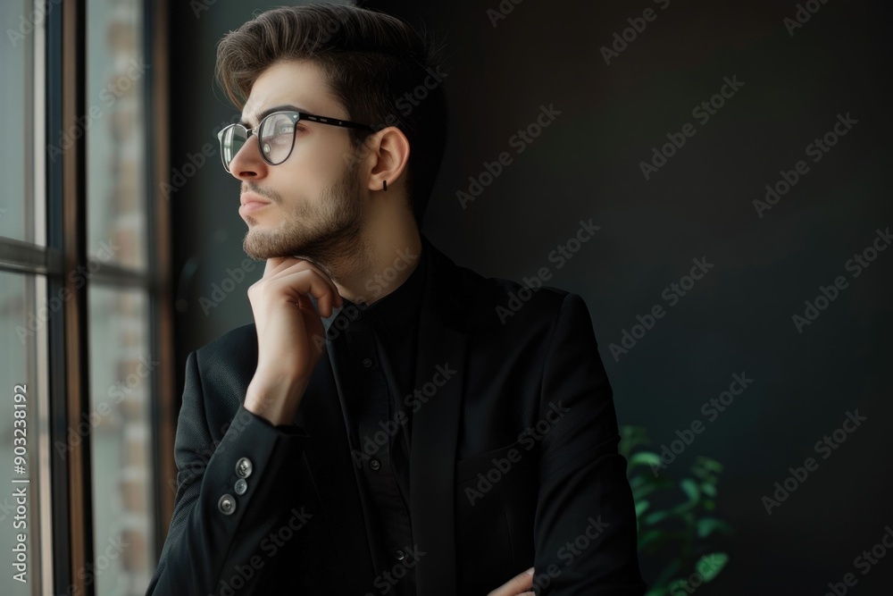 Obraz premium Young handsome man in black suit and glasses looking at copy space thinking or dreaming