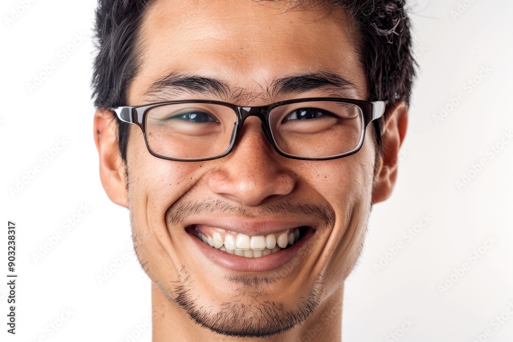 Portrait of positive Asian man in glasses smiling. Portrait of positive Asian man in glasses smiling.