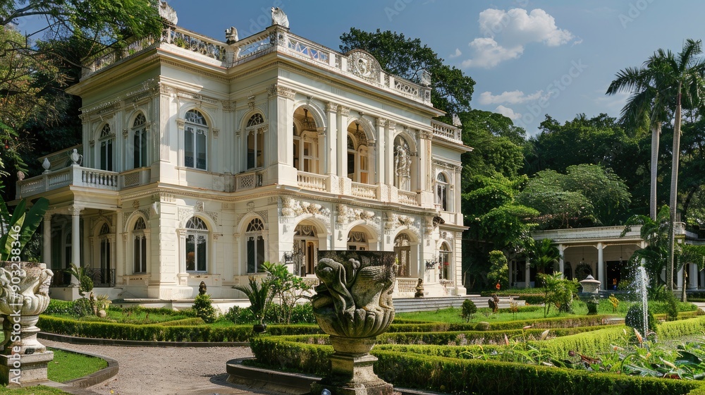 Fototapeta premium Detailed white mansion with decorative carvings and lush garden.