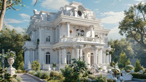 Detailed white mansion with decorative carvings and lush garden.