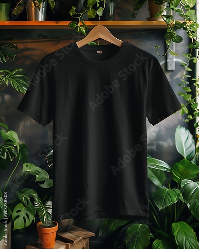 A plain black t-shirt hanging against a backdrop of lush greenery and plants, perfect for fashion or lifestyle branding. 