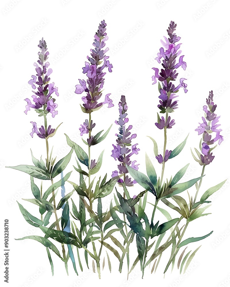 Fototapeta premium A beautiful watercolor illustration of delicate lavender flowers, showcasing their vibrant purple hues and lush green foliage. 