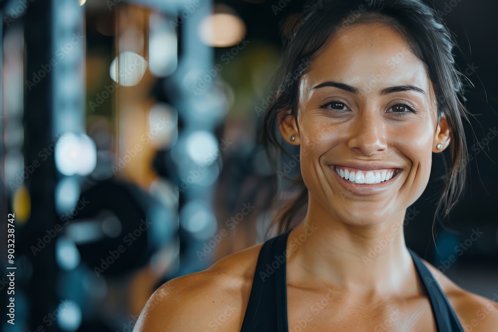 A fit muscular female personal trainer smiling at the camera in a gym, close up A fit muscular female personal trainer smiling at the camera in a gym, close up