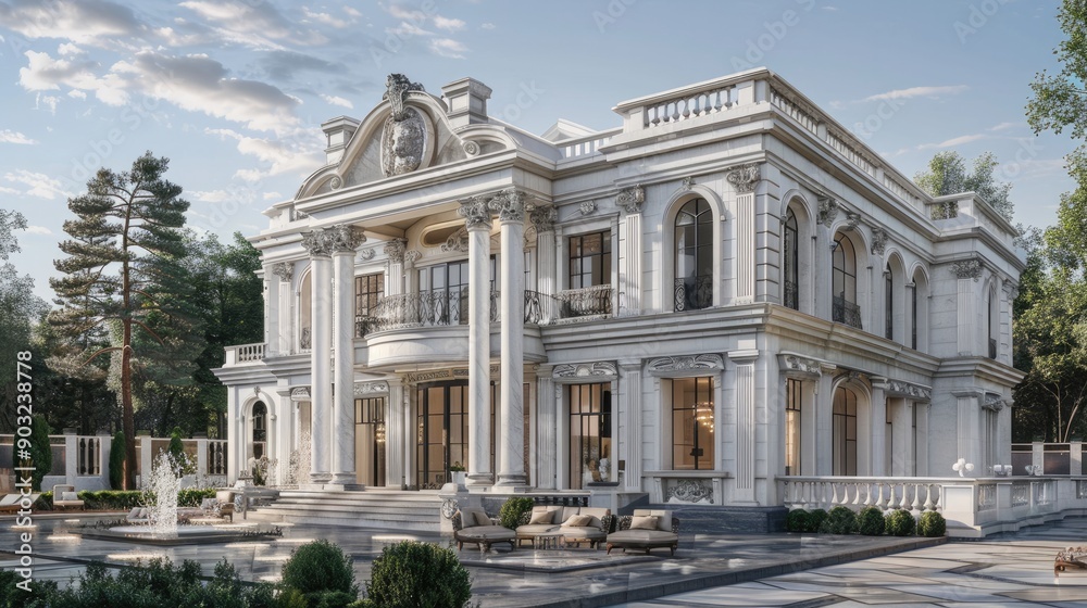 Elegant white mansion with detailed stonework and classic detailing. Elegant white mansion with detailed stonework and classic detailing.