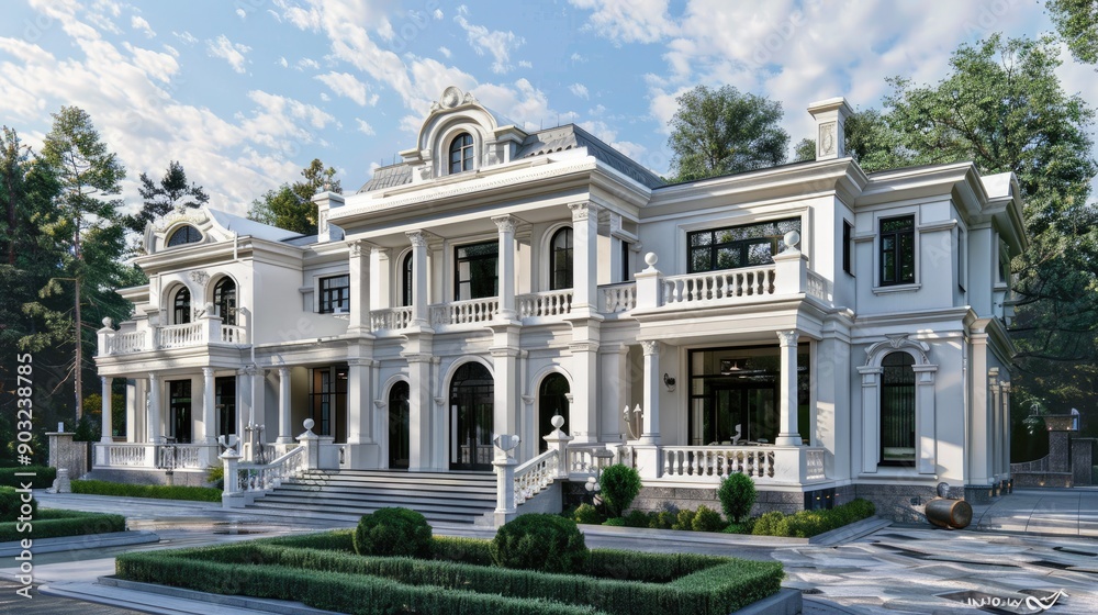 Fototapeta premium Elegant white mansion with detailed stonework and classic detailing.