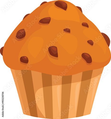 Golden brown chocolate chip muffin radiating warmth, tempting taste buds with its sweet aroma and moist texture